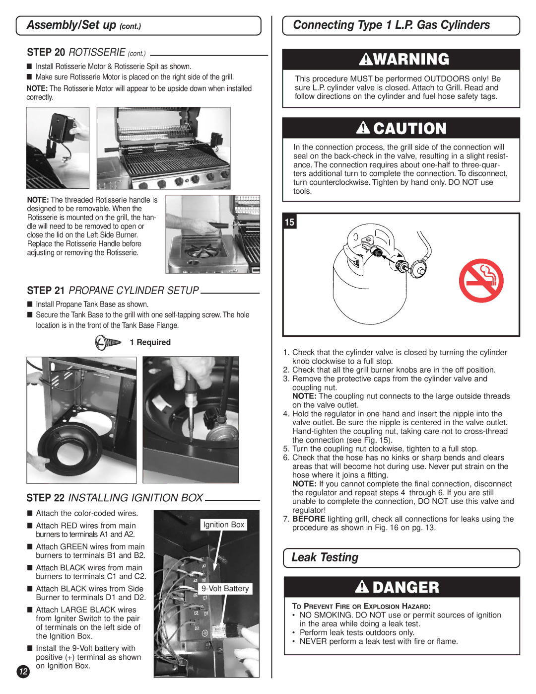 Coleman 9947A726 manual Connecting Type 1 L.P. Gas Cylinders, Leak Testing, Propane Cylinder Setup 