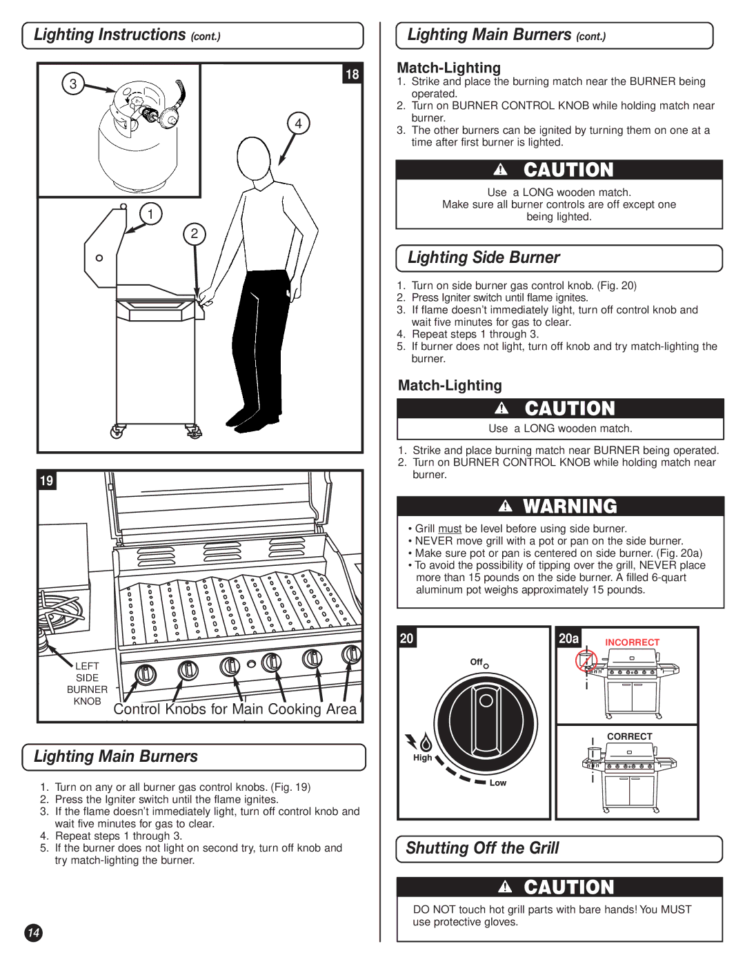 Coleman 9947A726 manual Lighting Main Burners, Lighting Side Burner, Shutting Off the Grill, Match-Lighting 