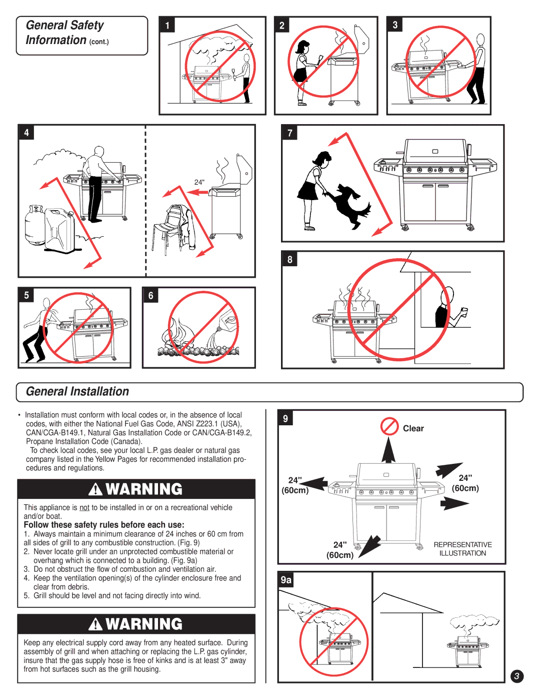 Coleman 9947A726 manual General Installation, Follow these safety rules before each use, Clear 60cm 