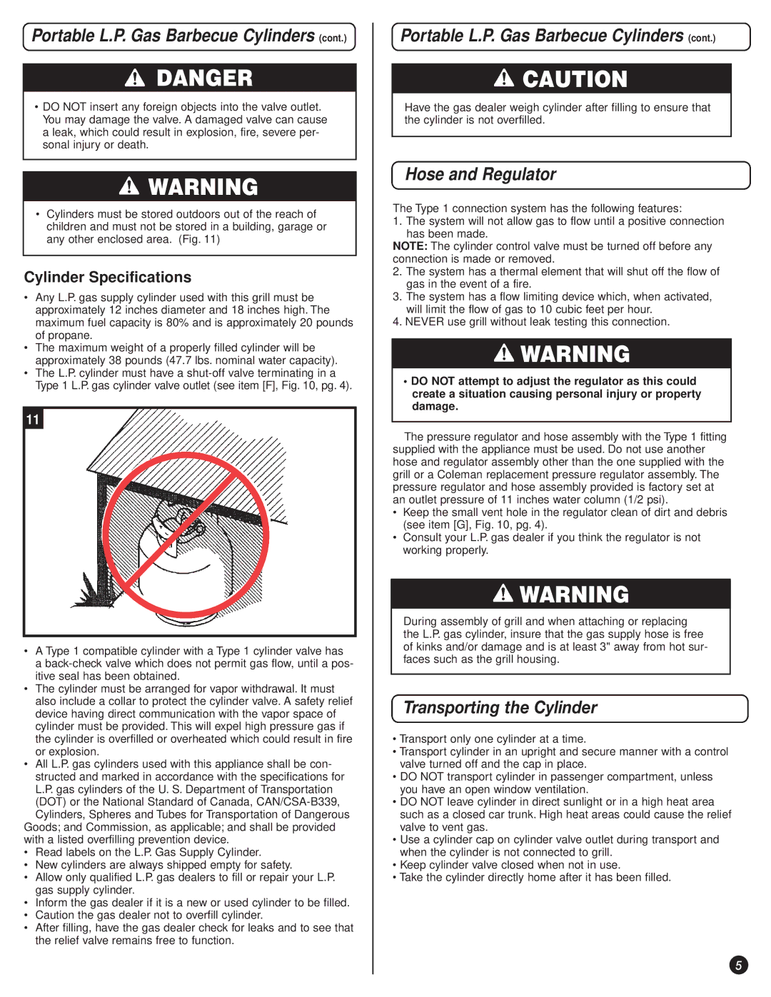 Coleman 9947A726 manual Hose and Regulator, Transporting the Cylinder, Cylinder Specifications 