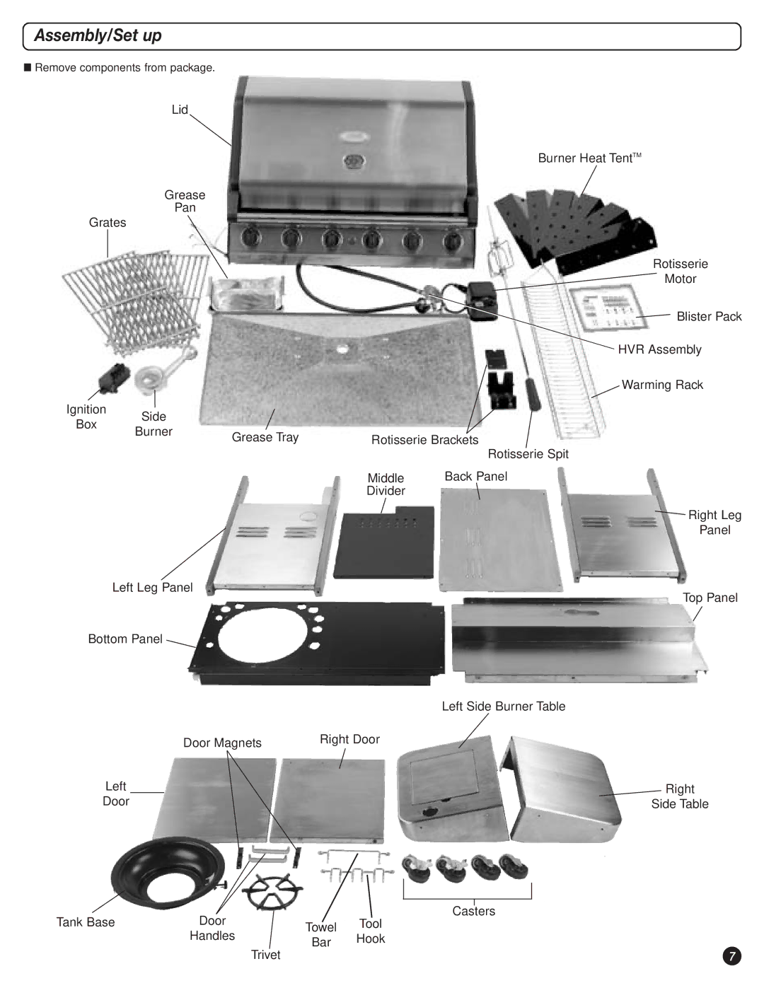 Coleman 9947A726 manual Assembly/Set up, Remove components from package 