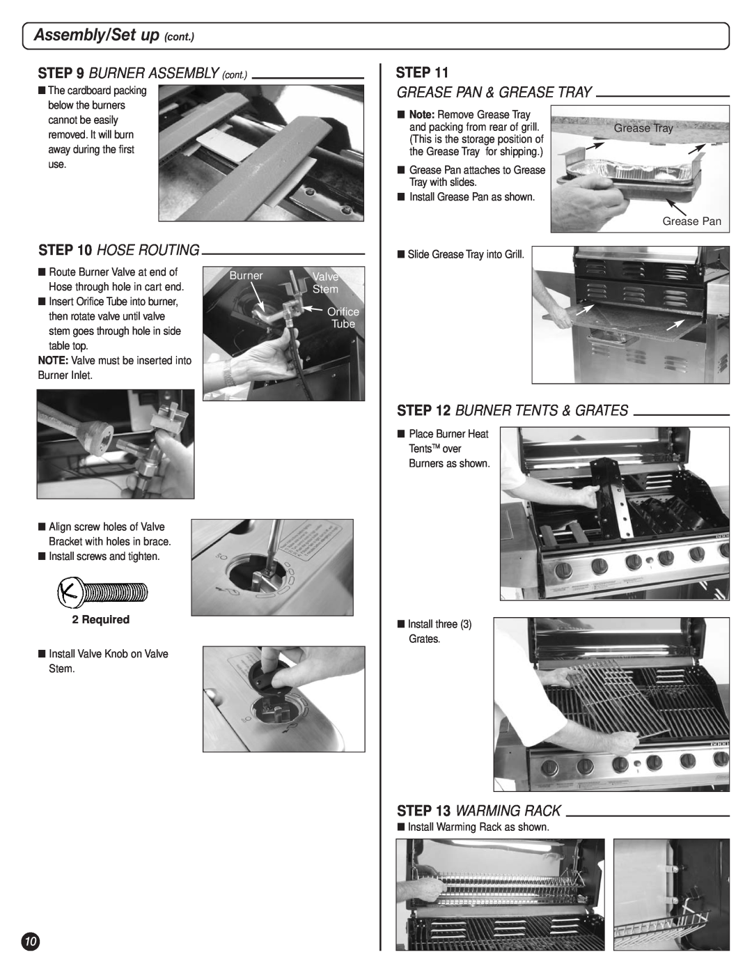 Coleman 9947A726 BURNER ASSEMBLY cont, Hose Routing, Grease Pan & Grease Tray, Burner Tents & Grates, Warming Rack, Step 