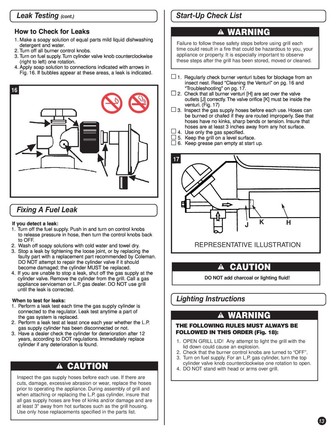 Coleman 9947A726 Leak Testing cont, Fixing A Fuel Leak, Start-Up Check List, Lighting Instructions, How to Check for Leaks 