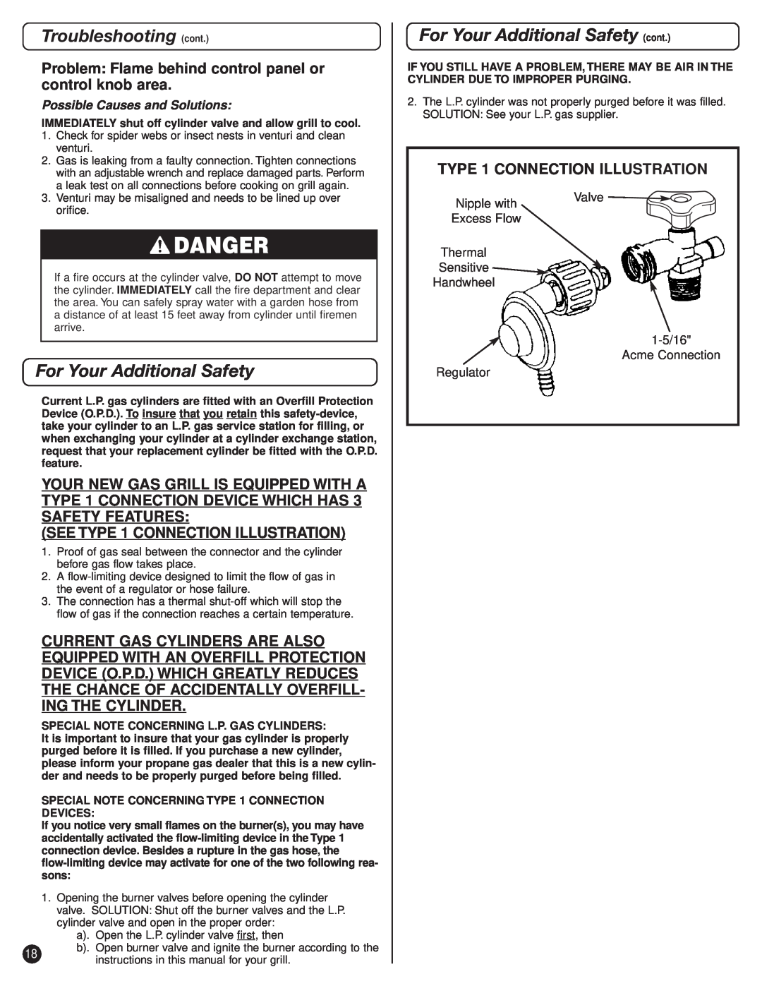 Coleman 9947A726 Troubleshooting cont, For Your Additional Safety cont, SEE TYPE 1 CONNECTION ILLUSTRATION, Danger 