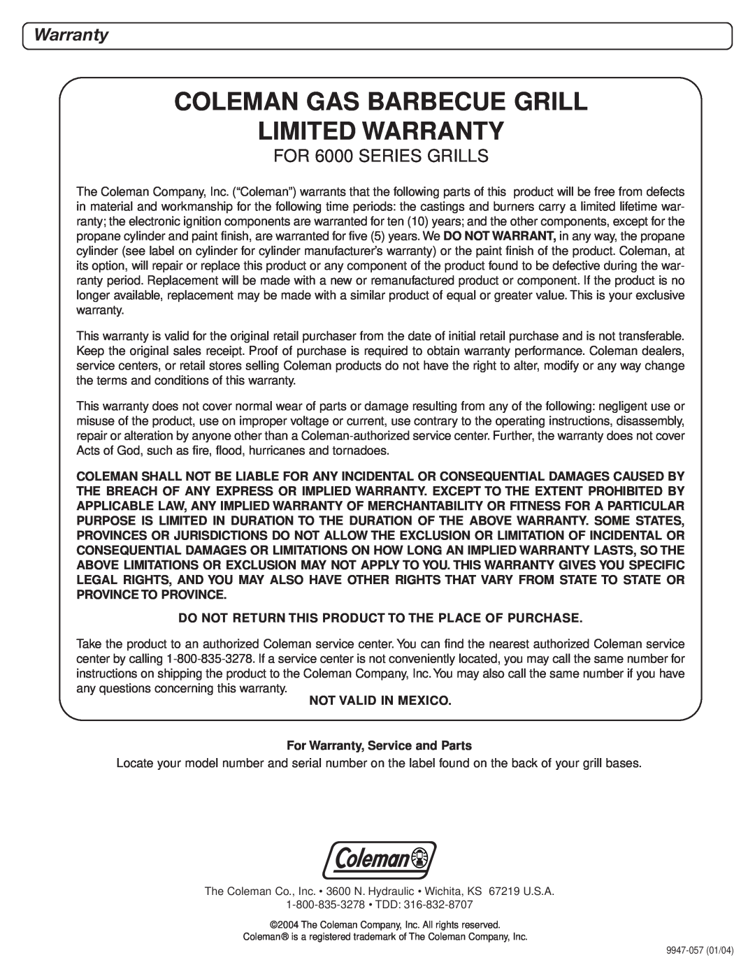 Coleman 9947A726 manual FOR 6000 SERIES GRILLS, Coleman Gas Barbecue Grill Limited Warranty 