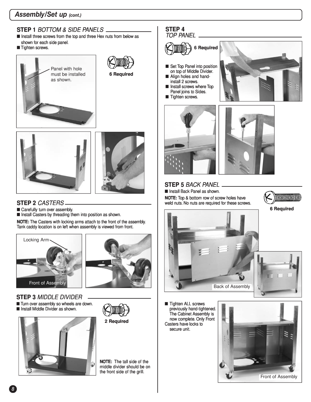 Coleman 9947A726 manual Assembly/Set up cont, Bottom & Side Panels, Casters, Middle Divider, Step, Top Panel, Back Panel 