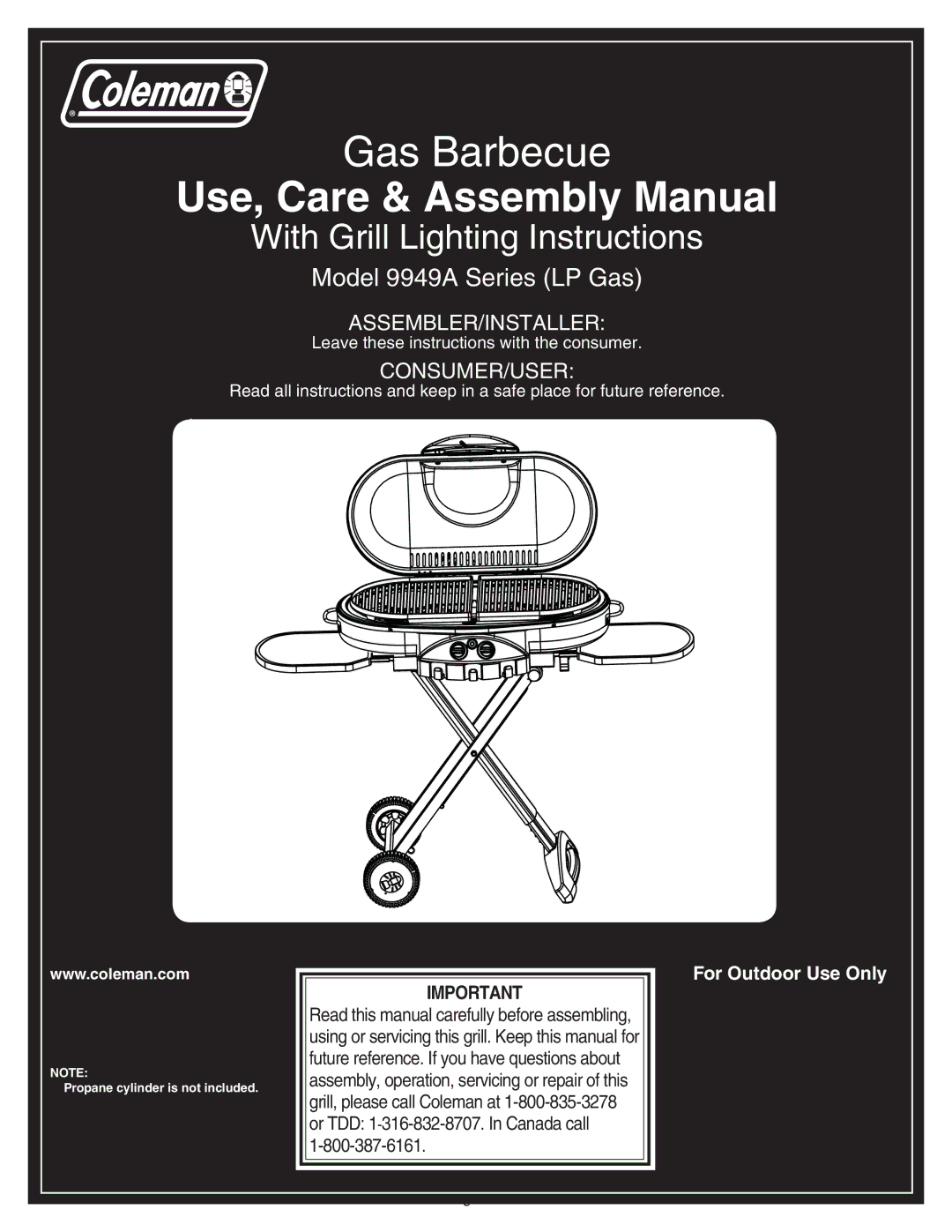 Coleman 9949A manual Use, Care & Assembly Manual 