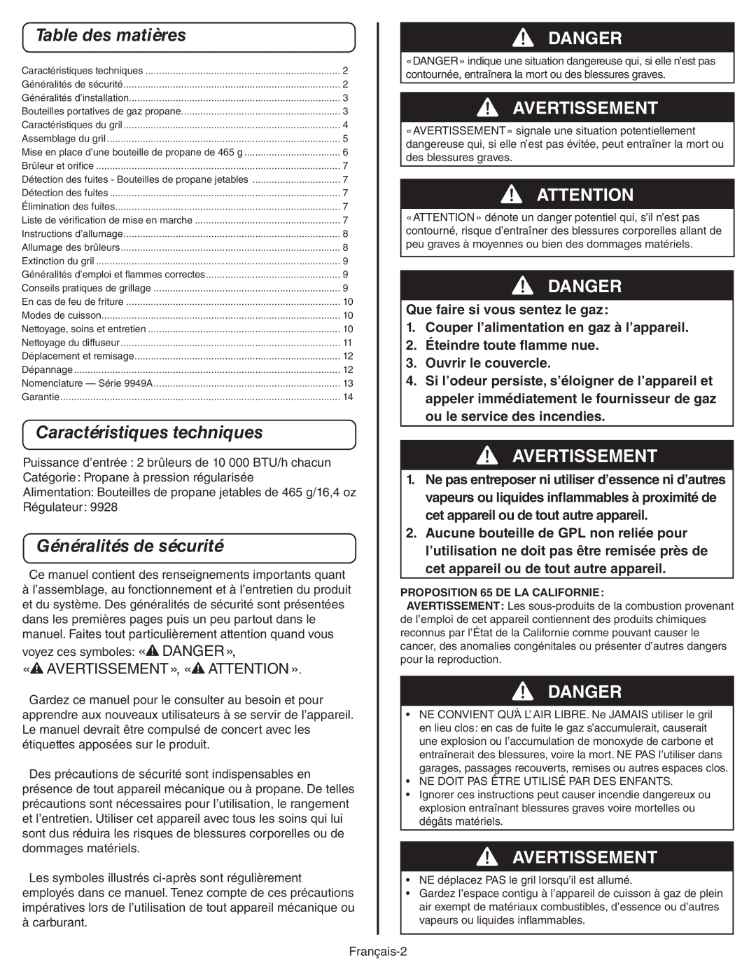 Coleman 9949A manual Table des matières, Caractéristiques techniques, Généralités de sécurité 
