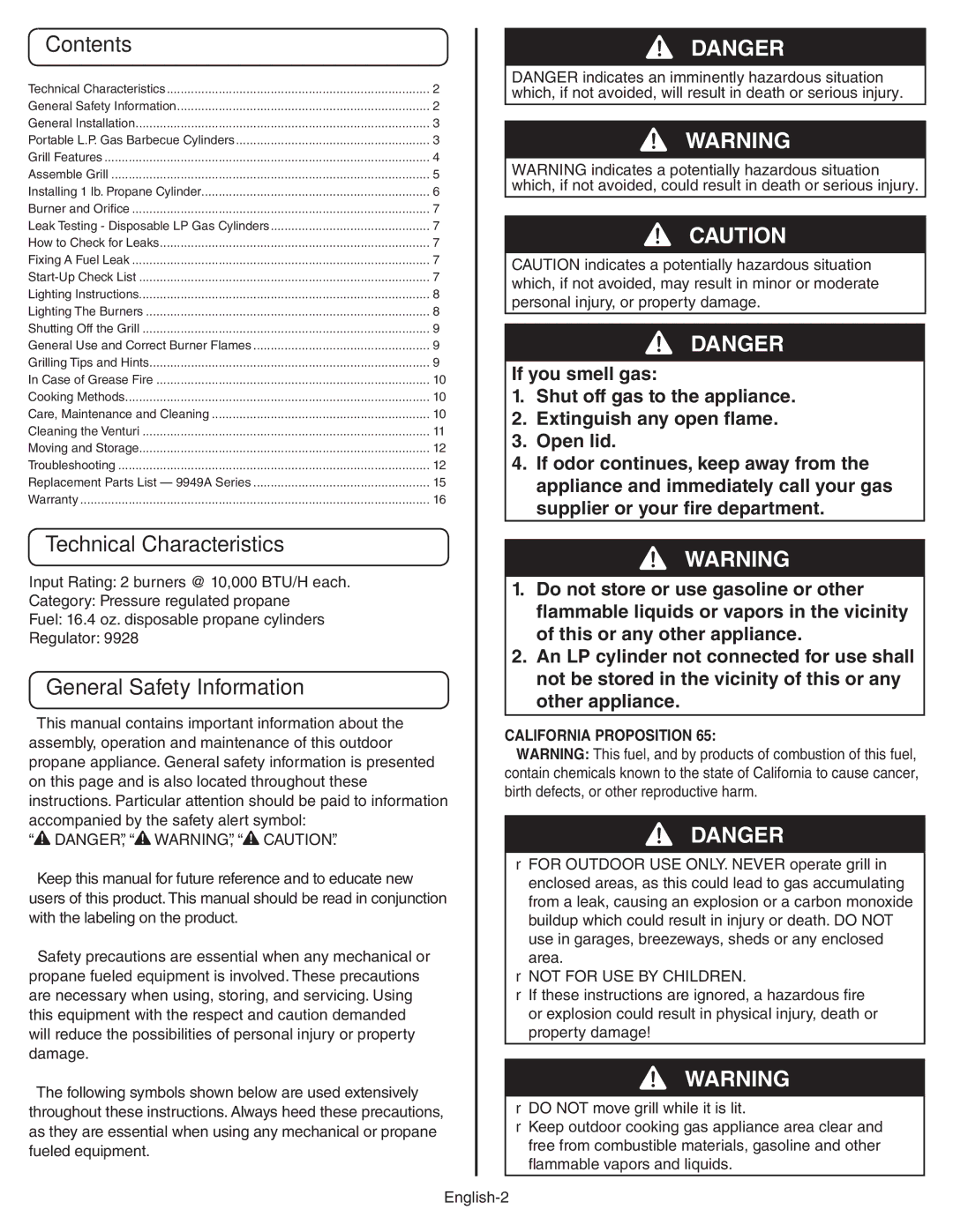 Coleman 9949A manual Contents, Technical Characteristics, General Safety Information 