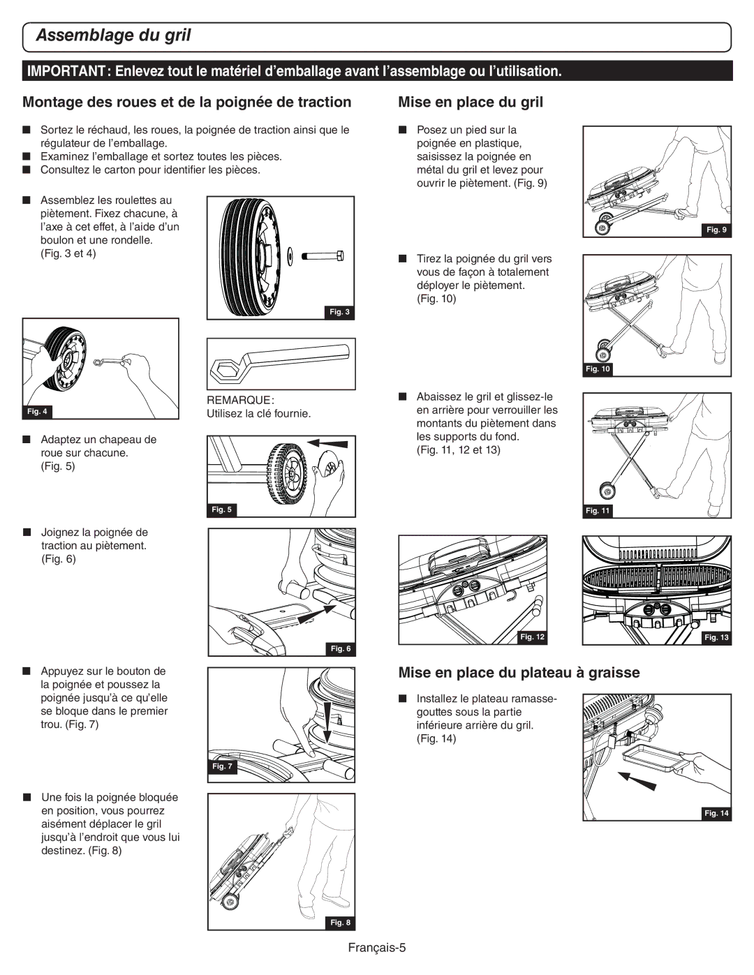 Coleman 9949A manual Assemblage du gril, Montage des roues et de la poignée de traction, Mise en place du gril 