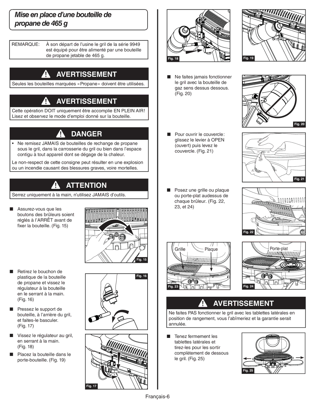 Coleman 9949A manual Mise en place d’une bouteille de propane de 465 g 