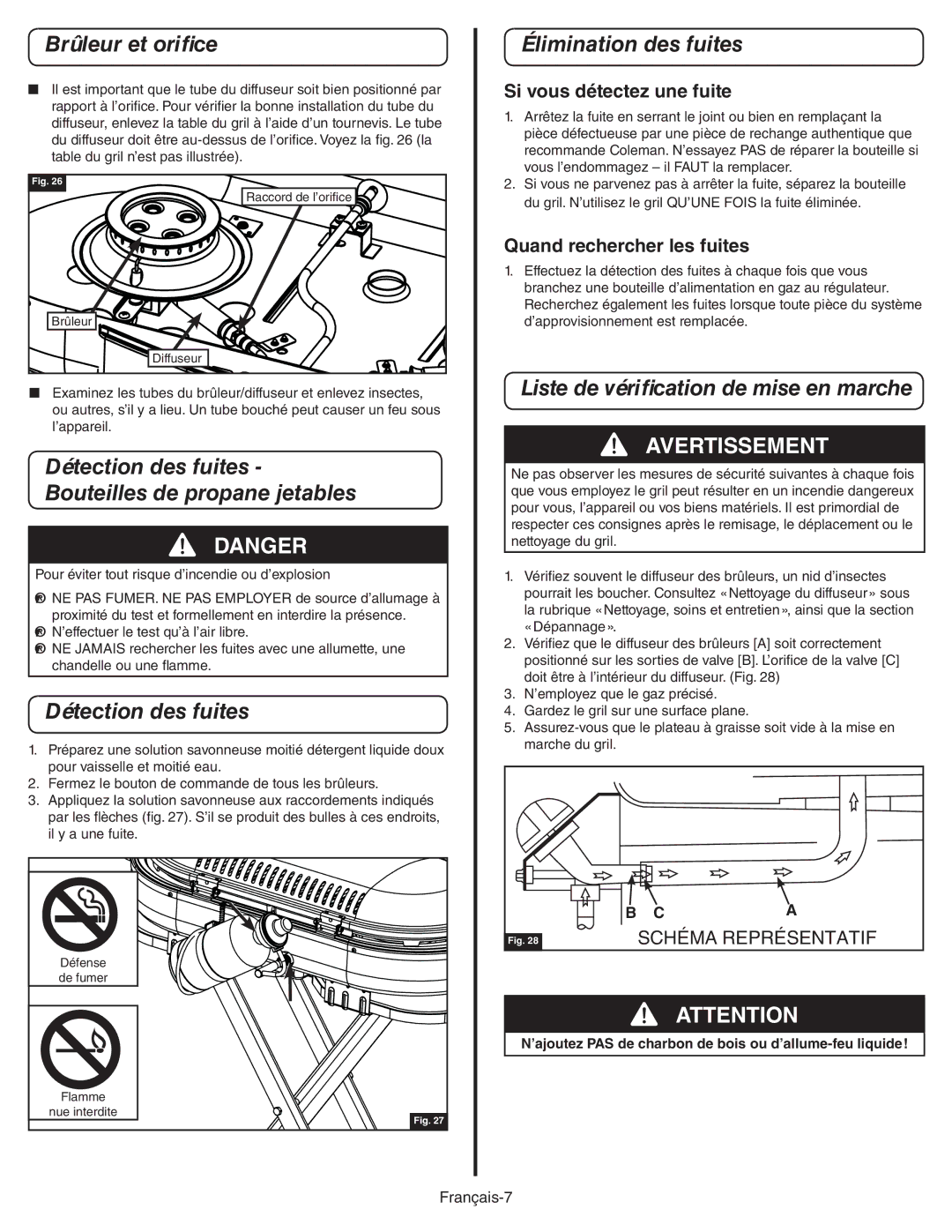 Coleman 9949A manual Brûleur et orifice, Détection des fuites Bouteilles de propane jetables, Élimination des fuites 