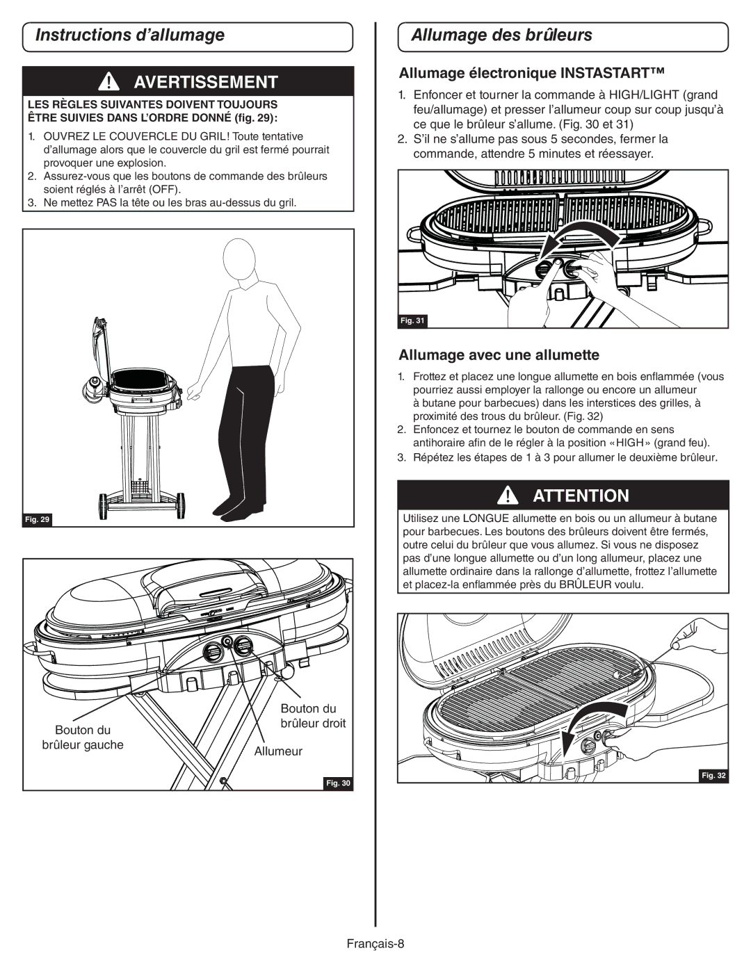 Coleman 9949A manual Instructions d’allumage, Allumage des brûleurs, Allumage électronique Instastart 