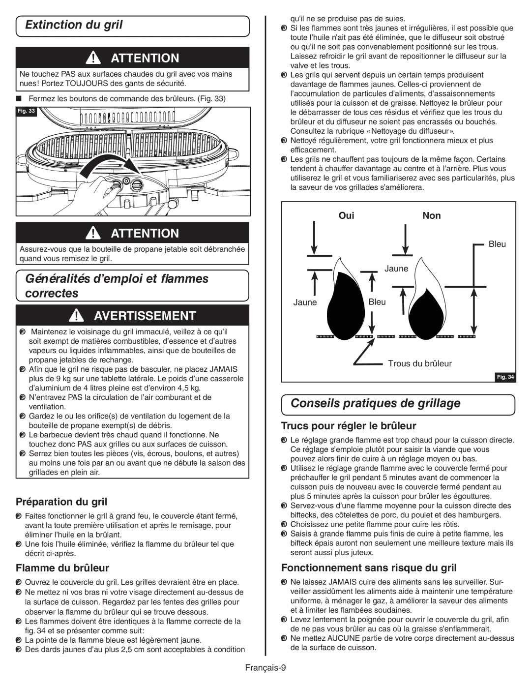 Coleman 9949A manual Extinction du gril, Généralités d’emploi et flammes correctes, Conseils pratiques de grillage 