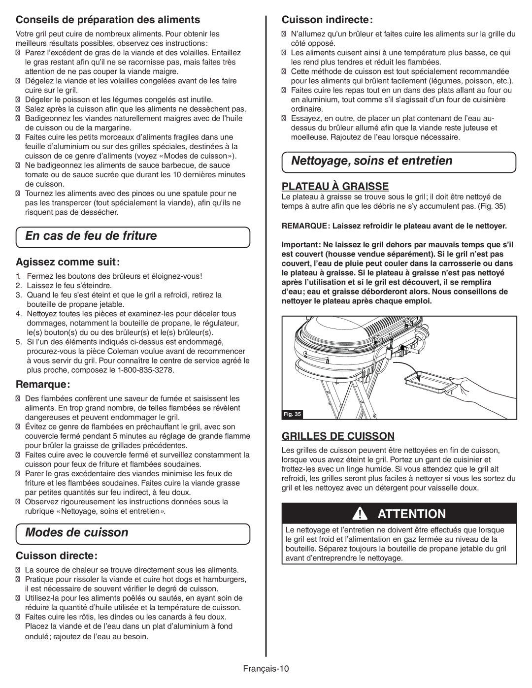 Coleman 9949A manual En cas de feu de friture, Modes de cuisson, Nettoyage, soins et entretien 