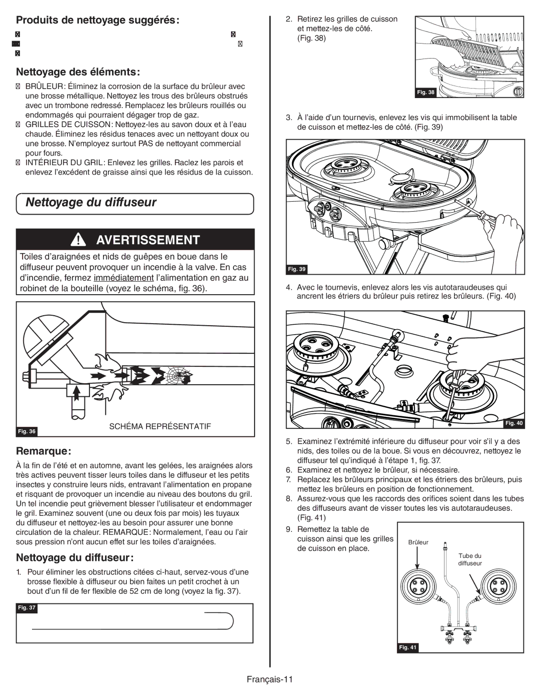 Coleman 9949A manual Nettoyage du diffuseur, Produits de nettoyage suggérés, Nettoyage des éléments 