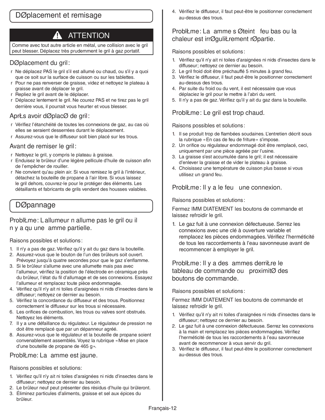 Coleman 9949A manual Déplacement et remisage, Dépannage 