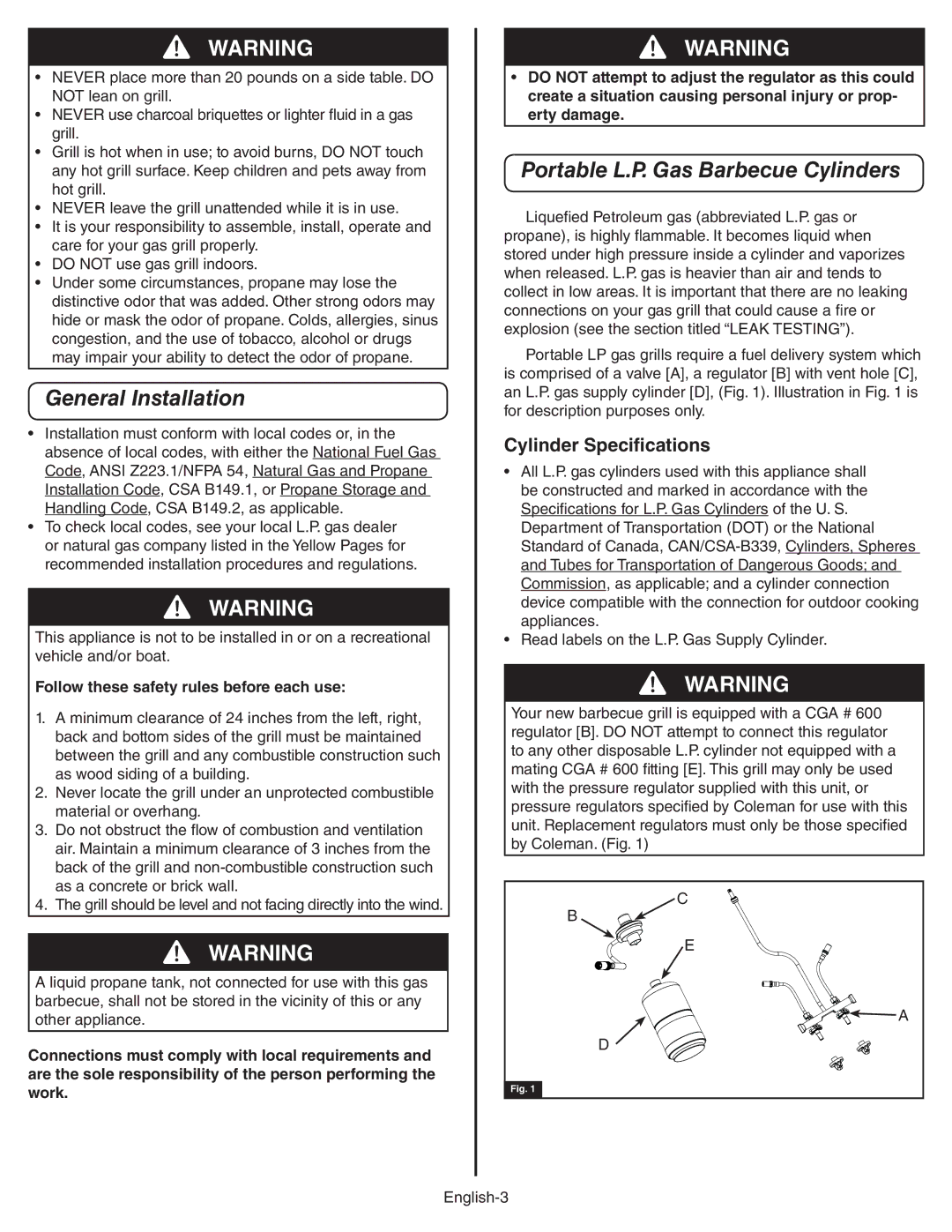Coleman 9949A manual General Installation, Portable L.P. Gas Barbecue Cylinders, Cylinder Specifications 