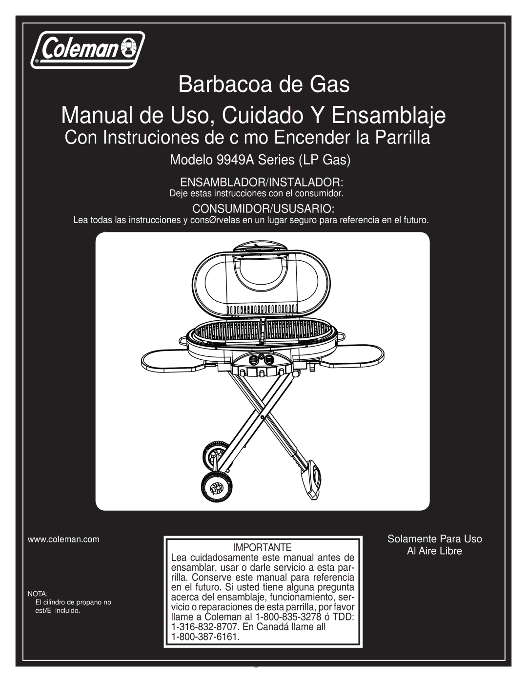 Coleman 9949A manual Manual de Uso, Cuidado Y Ensamblaje 