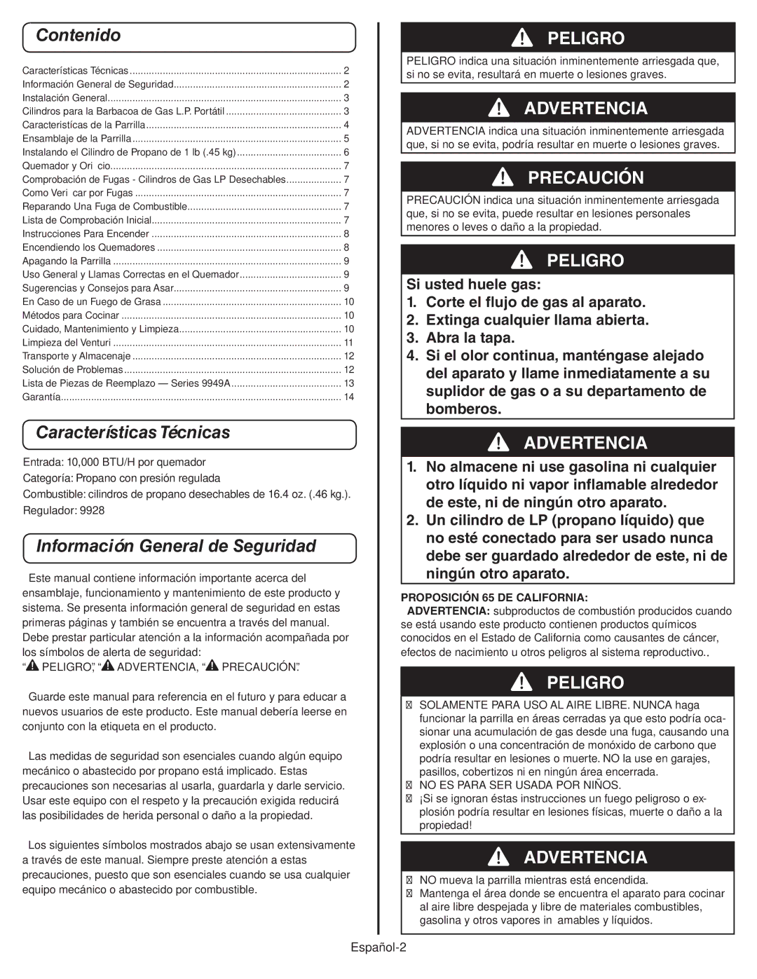 Coleman 9949A manual Contenido, Características Técnicas, Información General de Seguridad 