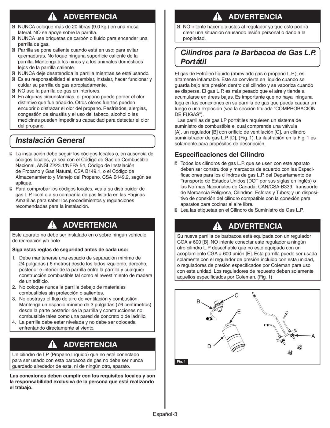 Coleman 9949A manual Instalación General, Cilindros para la Barbacoa de Gas L.P. Portátil, Especificaciones del Cilindro 