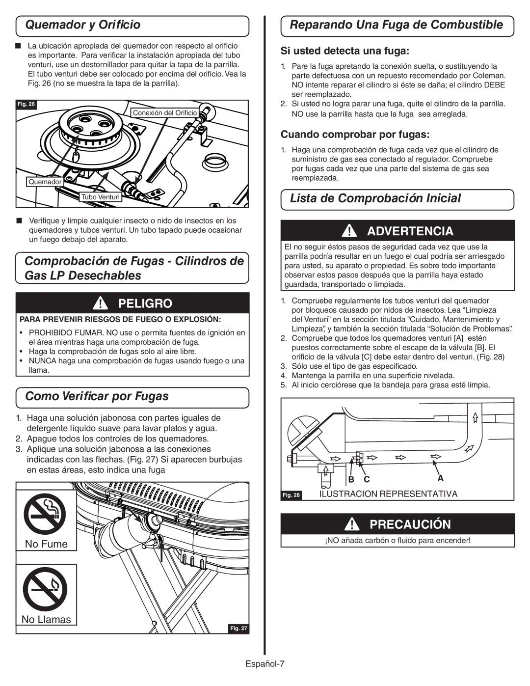 Coleman 9949A manual Quemador y Orificio, Comprobación de Fugas Cilindros de Gas LP Desechables, Como Verificar por Fugas 