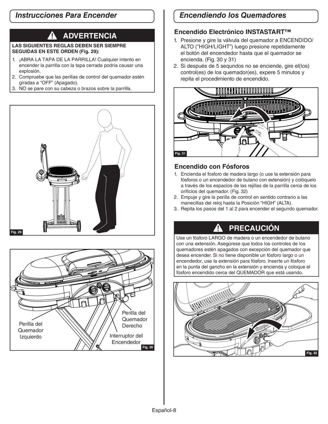 Coleman 9949A manual Instrucciones Para Encender, Encendiendo los Quemadores, Encendido Electrónico Instastart 