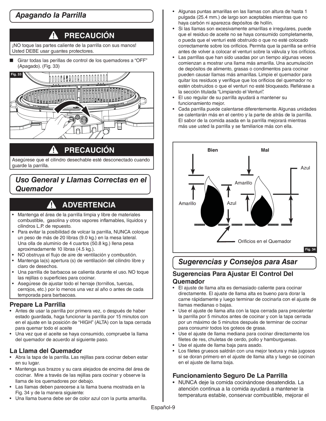 Coleman 9949A manual Apagando la Parrilla, Uso General y Llamas Correctas en el Quemador, Sugerencias y Consejos para Asar 