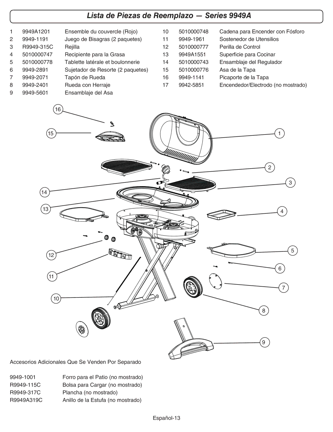 Coleman manual Lista de Piezas de Reemplazo Series 9949A 