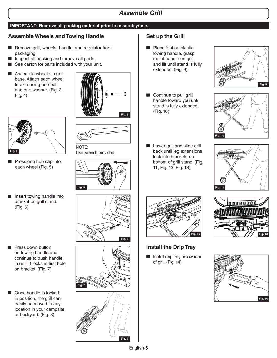 Coleman 9949A manual Assemble Grill, Assemble Wheels and Towing Handle, Set up the Grill, Install the Drip Tray 