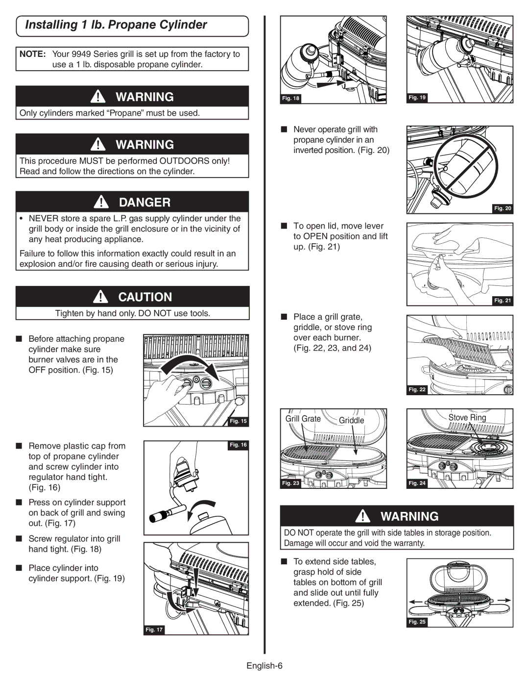 Coleman 9949A manual Installing 1 lb. Propane Cylinder 