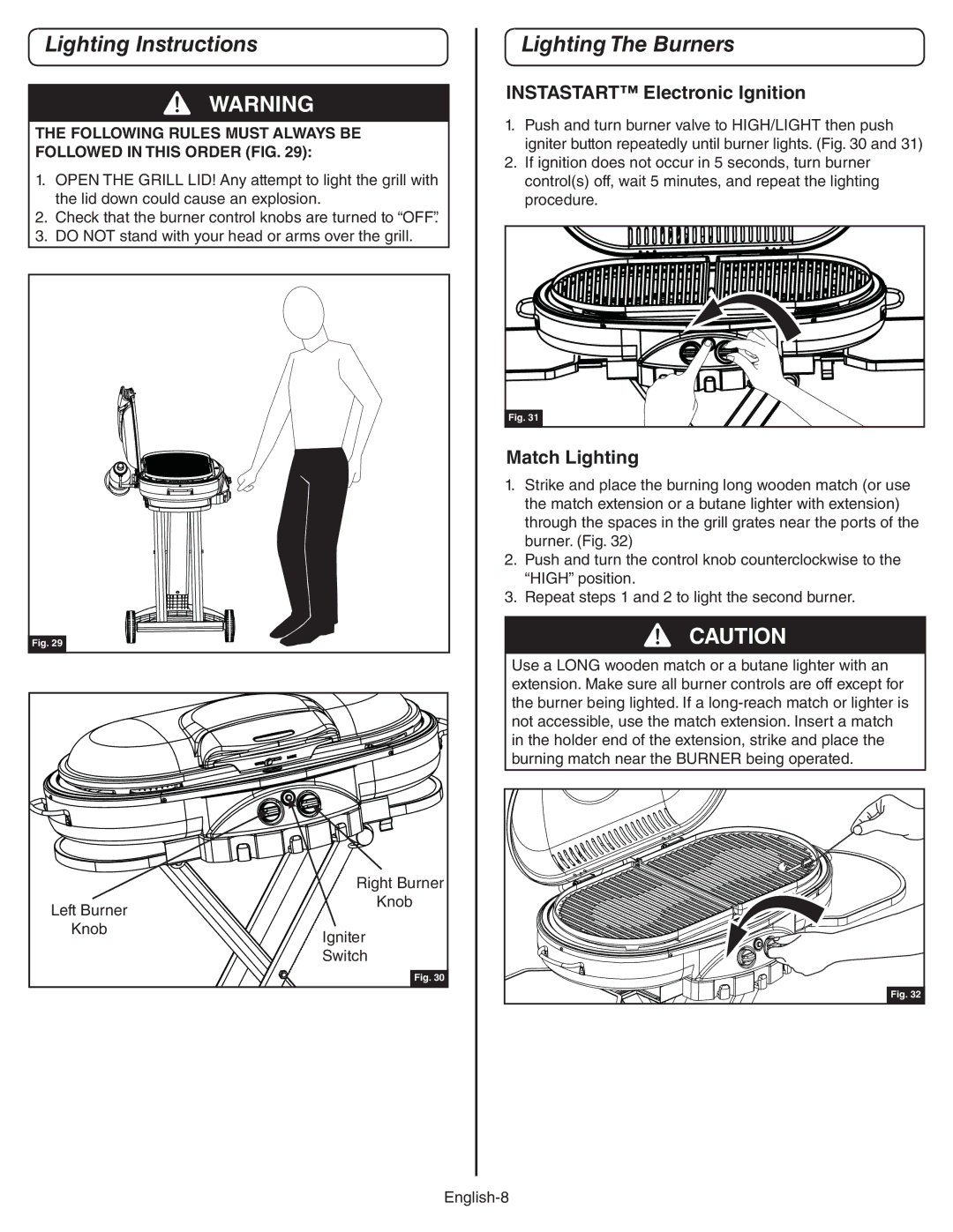 Coleman 9949A manual Lighting Instructions, Lighting The Burners, Instastart Electronic Ignition, Match Lighting 