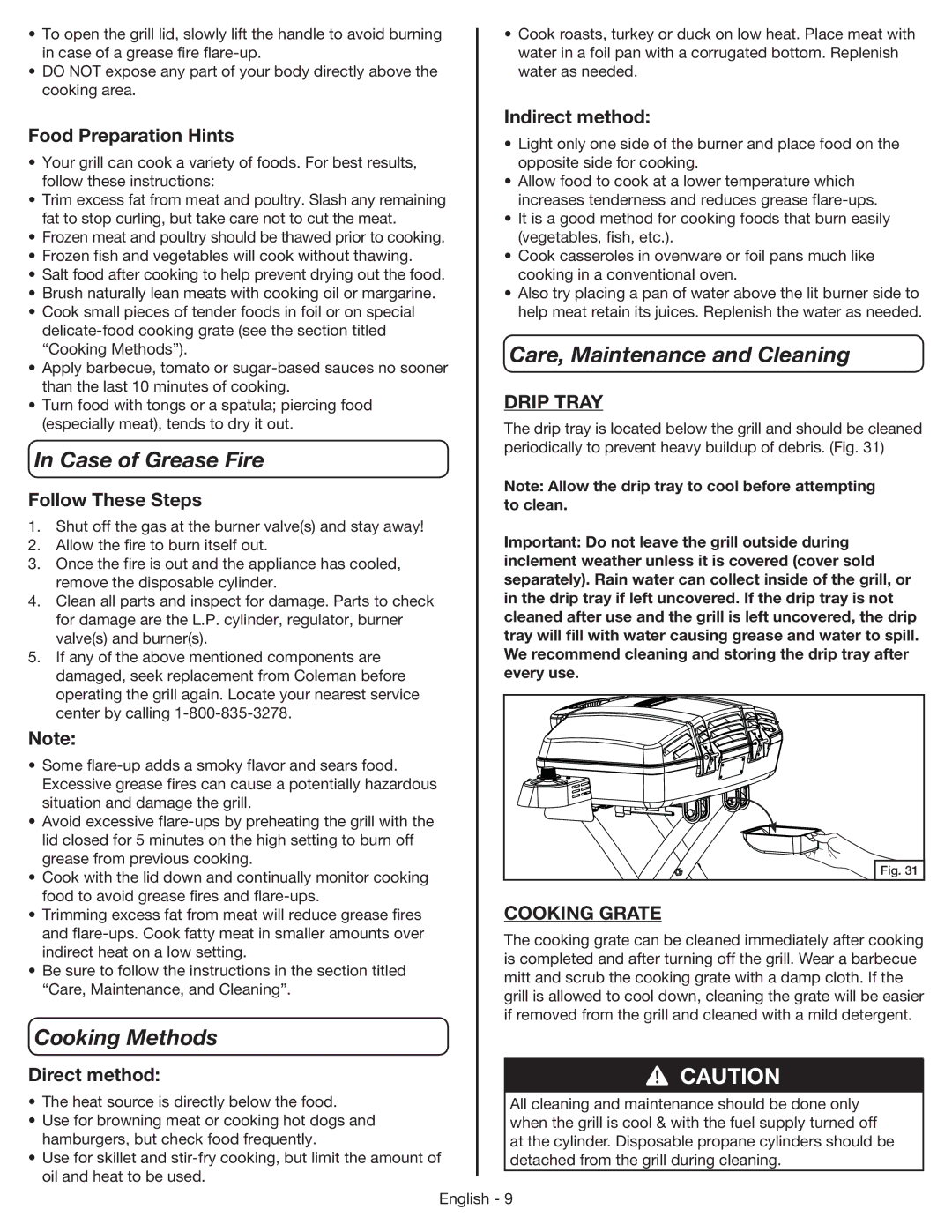 Coleman 9955 manual Case of Grease Fire, Cooking Methods, Care, Maintenance and Cleaning 