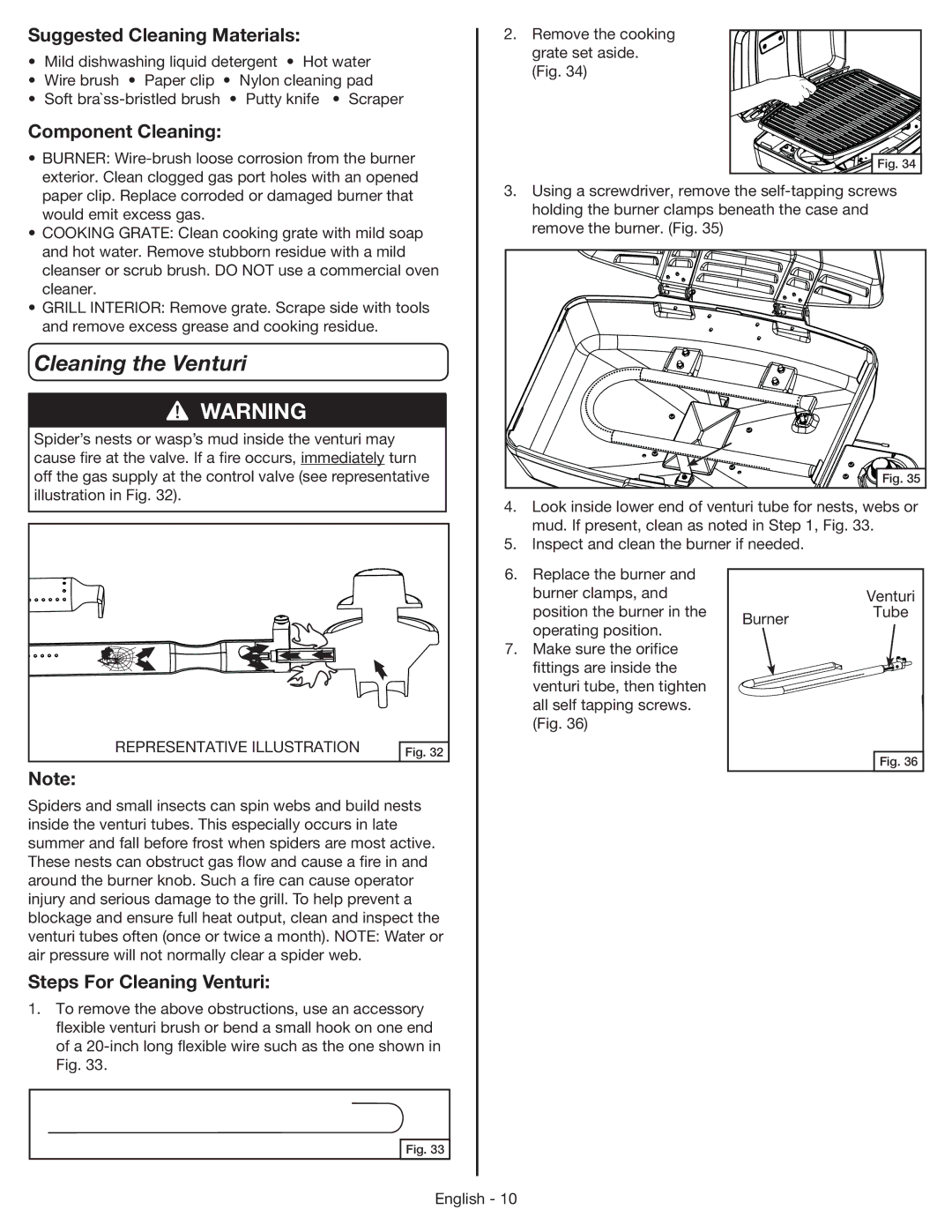 Coleman 9955 manual Cleaning the Venturi, Suggested Cleaning Materials, Component Cleaning, Steps For Cleaning Venturi 