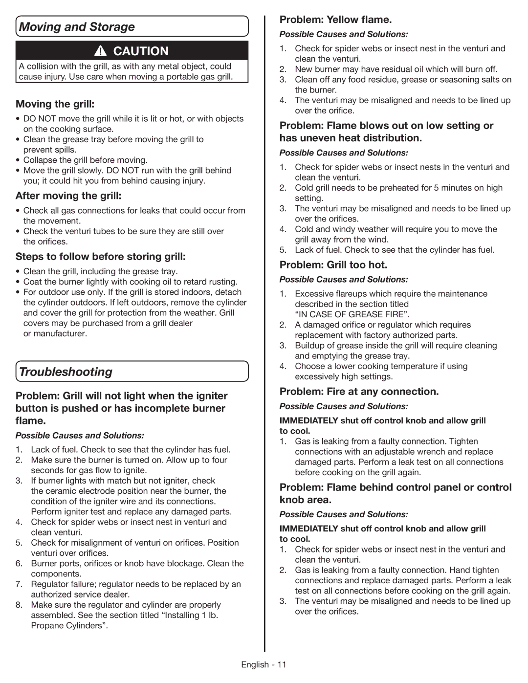 Coleman 9955 manual Moving and Storage, Troubleshooting 