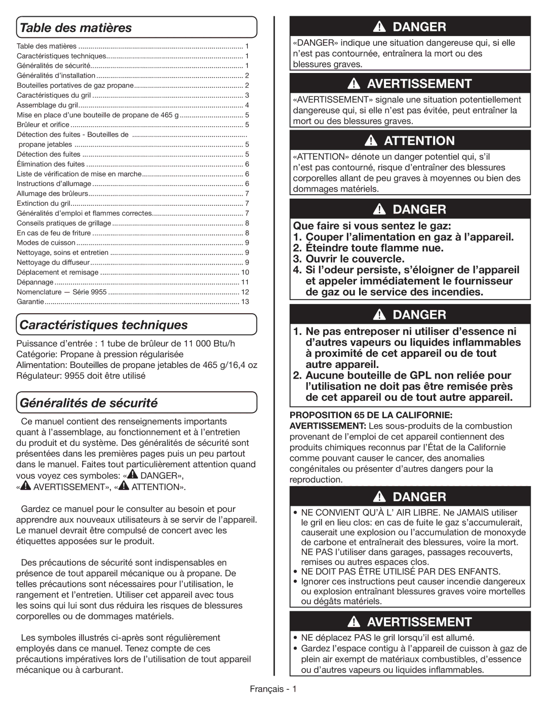 Coleman 9955 Table des matières, Caractéristiques techniques, Généralités de sécurité, « Avertissement», « Attention» 