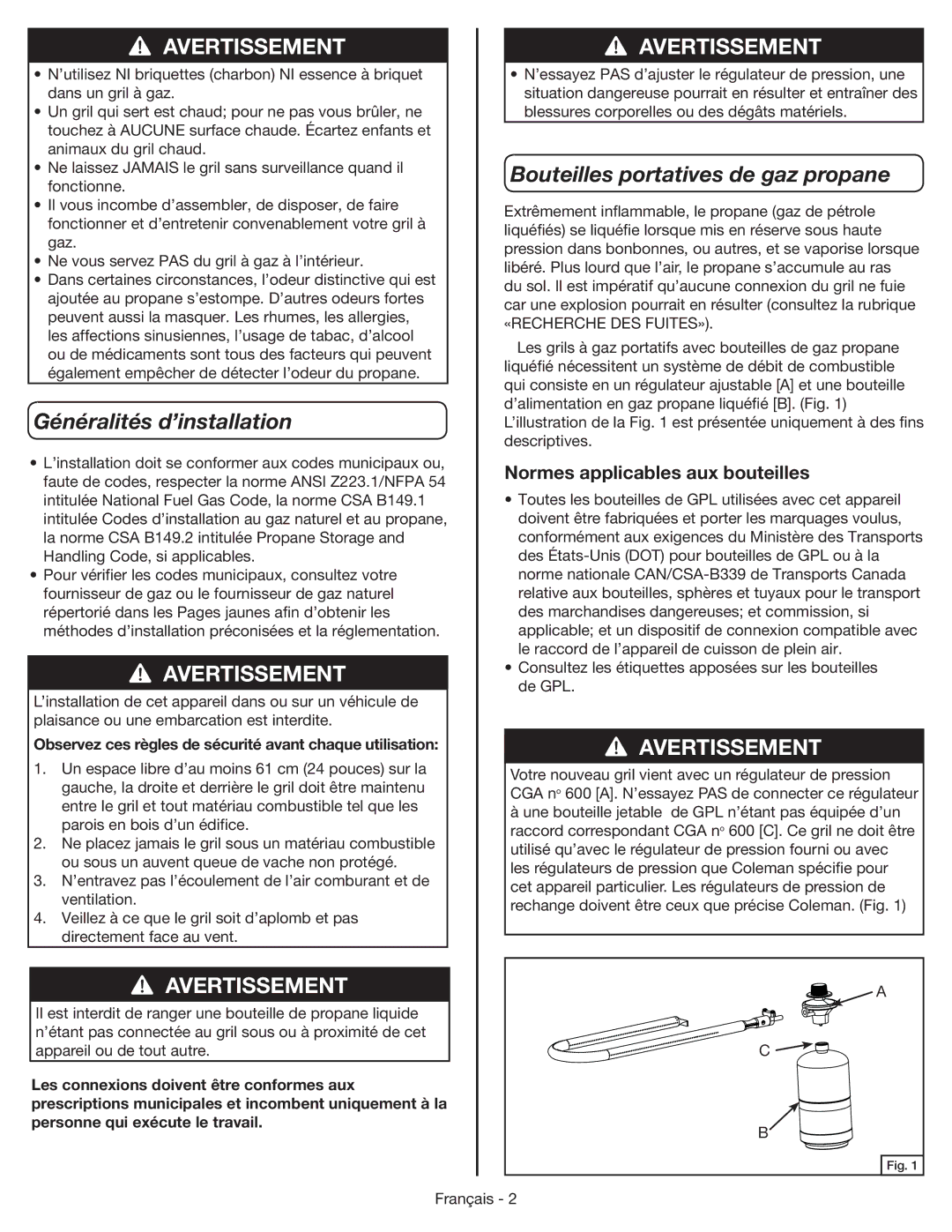 Coleman 9955 manual Généralités d’installation, Bouteilles portatives de gaz propane, Normes applicables aux bouteilles 