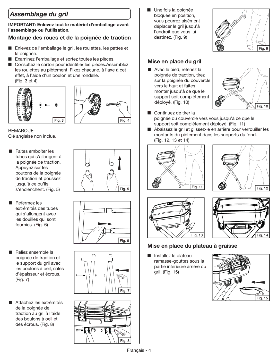 Coleman 9955 manual Assemblage du gril, Montage des roues et de la poignée de traction, Mise en place du gril, Remarque 