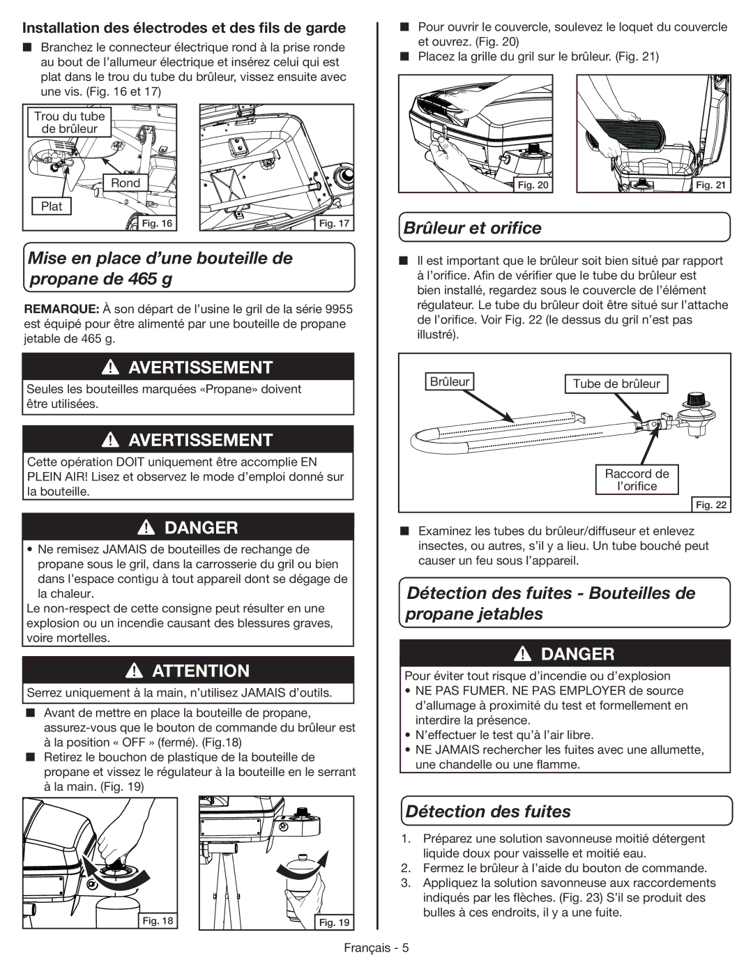 Coleman 9955 manual Mise en place d’une bouteille de propane de 465 g, Brûleur et oriﬁce, Détection des fuites 