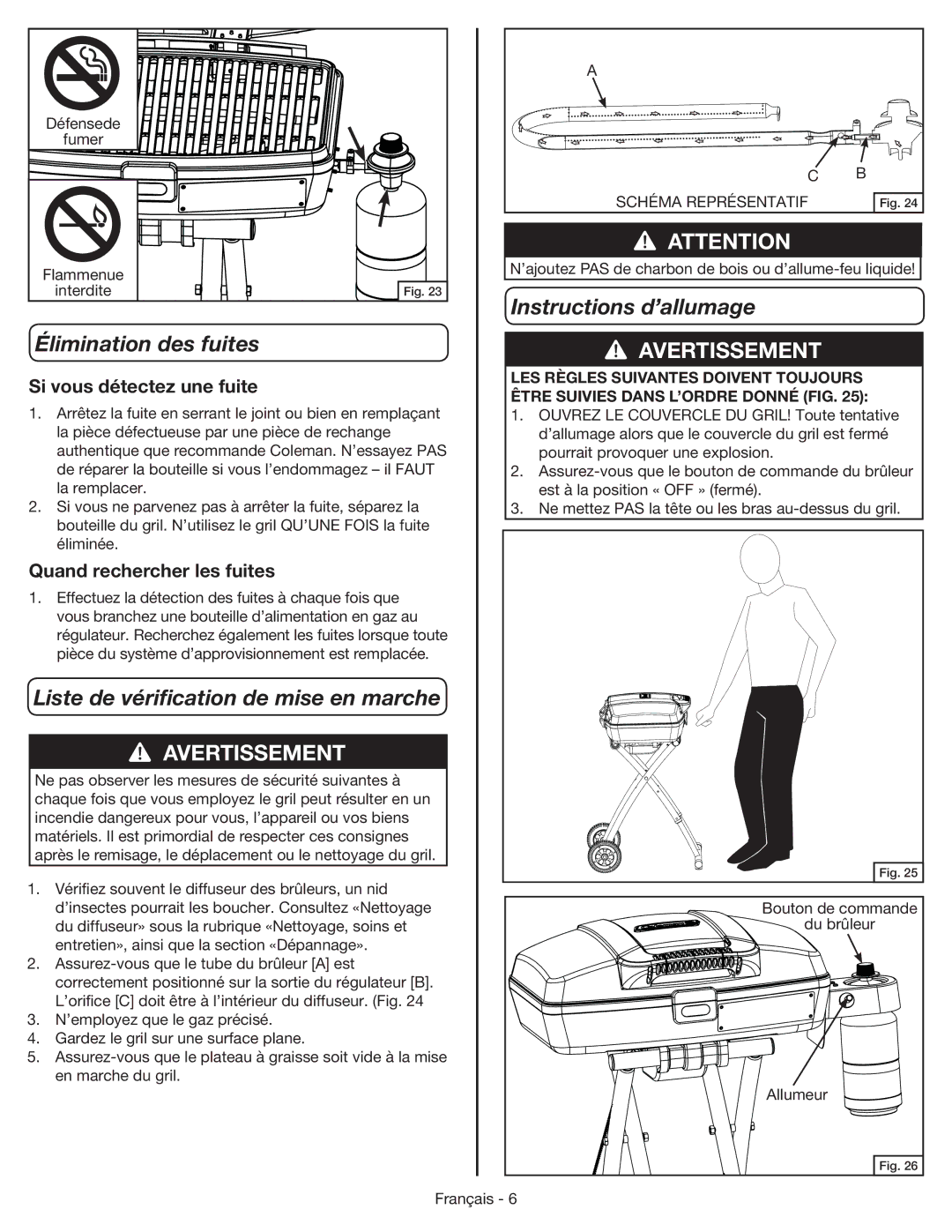 Coleman 9955 manual Élimination des fuites, Liste de vériﬁcation de mise en marche, Instructions d’allumage 