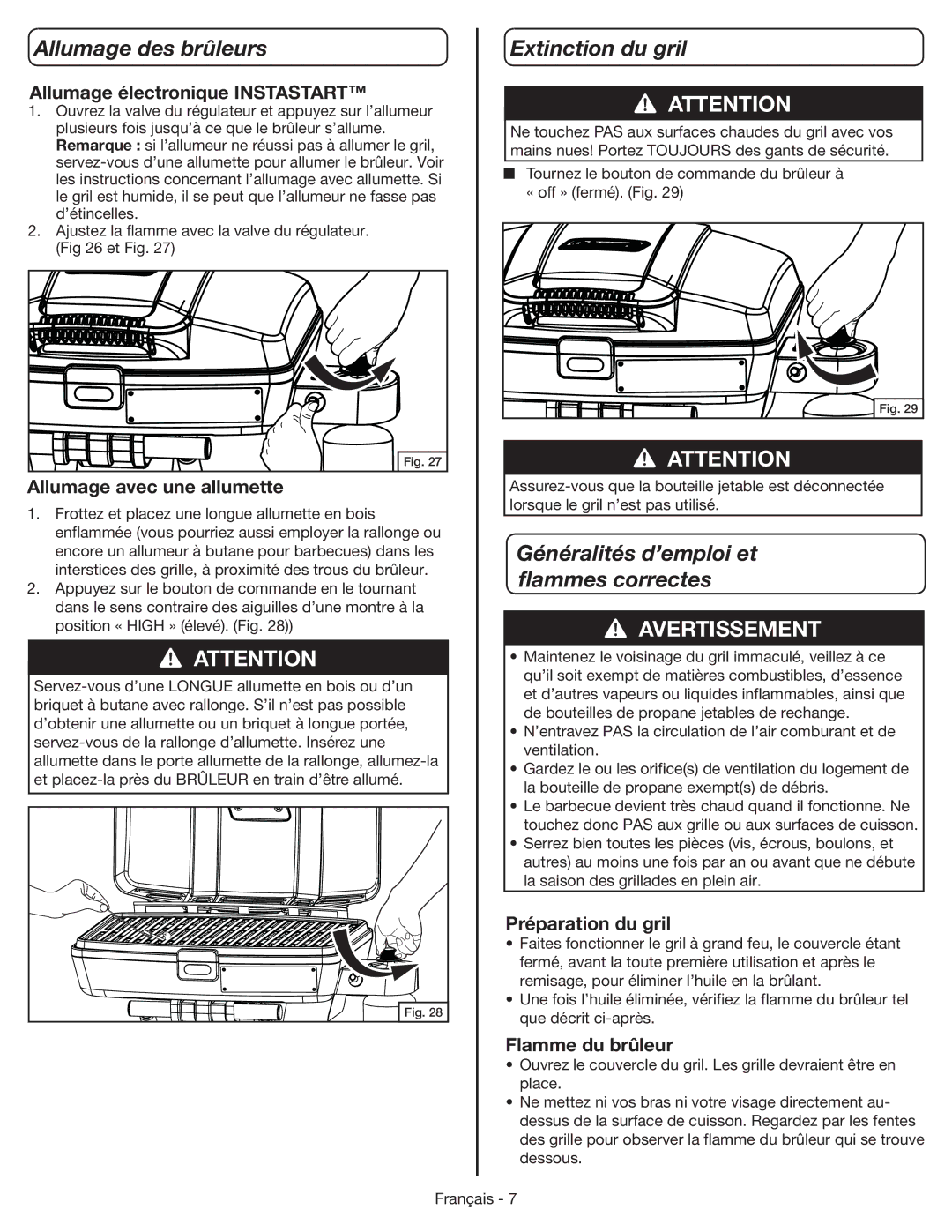 Coleman 9955 manual Allumage des brûleurs, Extinction du gril, Généralités d’emploi et ﬂammes correctes 