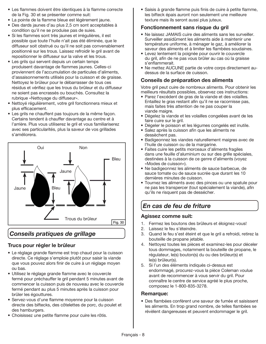 Coleman 9955 manual Conseils pratiques de grillage, En cas de feu de friture 