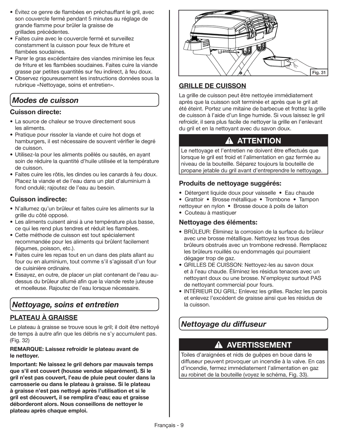 Coleman 9955 manual Modes de cuisson, Nettoyage, soins et entretien, Nettoyage du diffuseur 