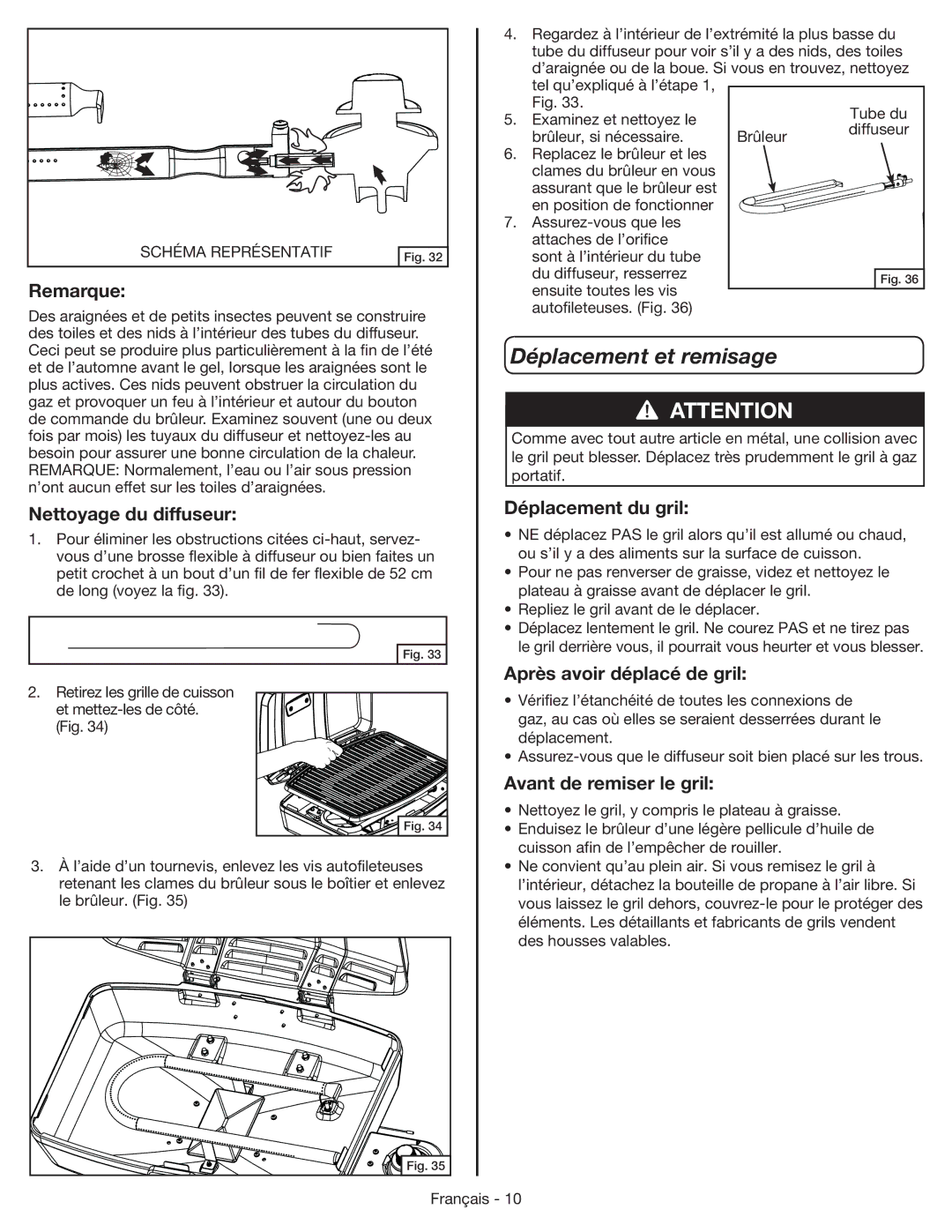 Coleman 9955 manual Déplacement et remisage, Nettoyage du diffuseur Déplacement du gril, Après avoir déplacé de gril 