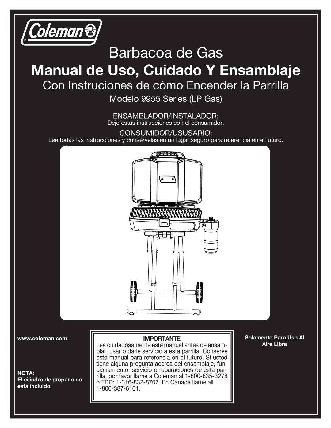 Coleman 9955 manual Manual de Uso, Cuidado Y Ensamblaje 