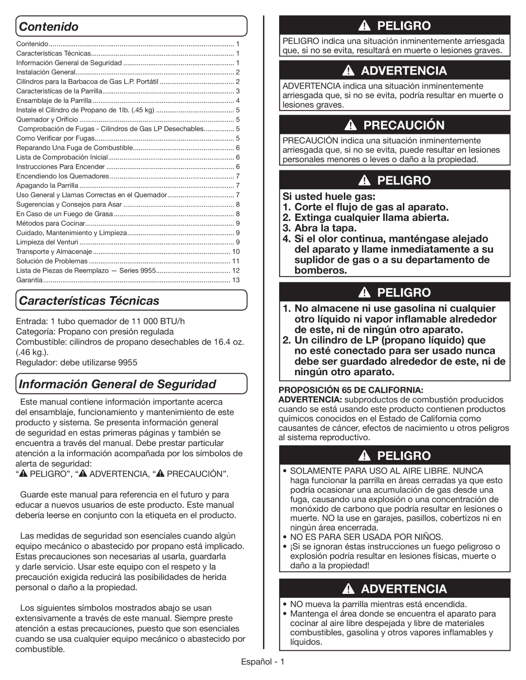 Coleman 9955 manual Contenido, Características Técnicas, Información General de Seguridad, PELIGRO, ADVERTENCIA, Precaución 