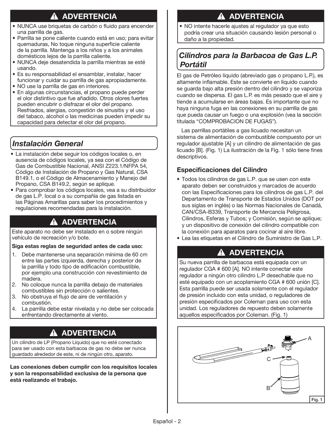 Coleman 9955 manual Instalación General, Cilindros para la Barbacoa de Gas L.P. Portátil, Especiﬁcaciones del Cilindro 