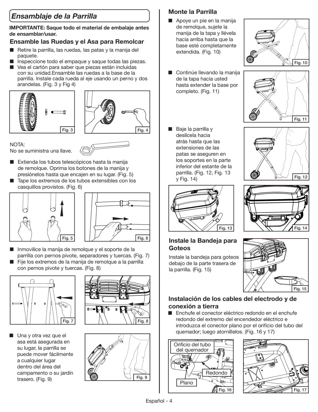 Coleman 9955 manual Ensamblaje de la Parrilla, Ensamble las Ruedas y el Asa para Remolcar, Monte la Parrilla, Nota 