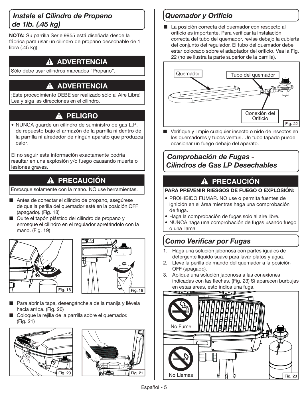 Coleman 9955 manual Comprobación de Fugas, Cilindros de Gas LP Desechables, Como Veriﬁcar por Fugas 