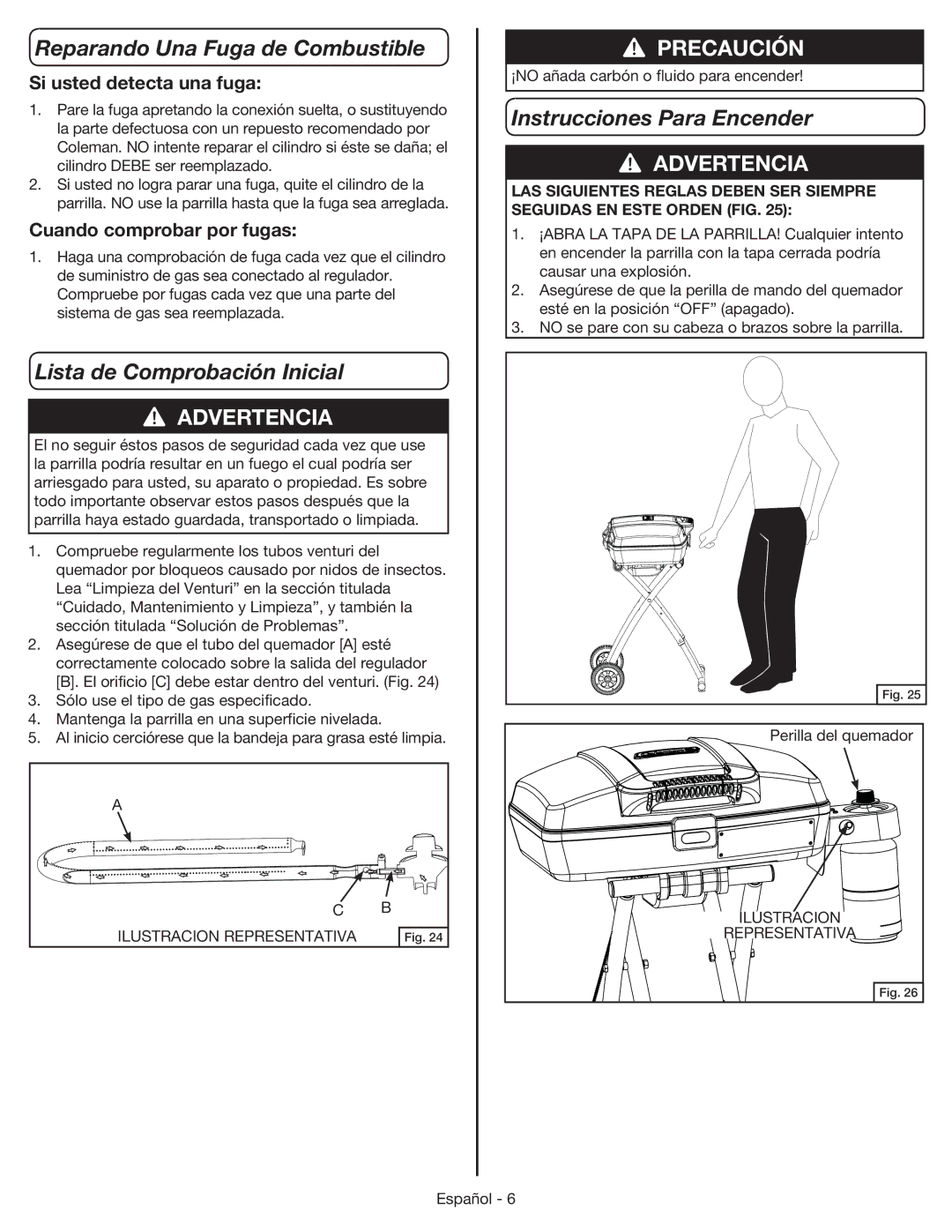 Coleman 9955 manual Reparando Una Fuga de Combustible, Lista de Comprobación Inicial, Instrucciones Para Encender 